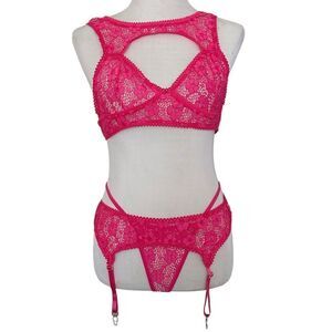 Pink Lace Barbiecore Sexy Boho Bridal Anniversary 3 Piece Garter Lingerie Set